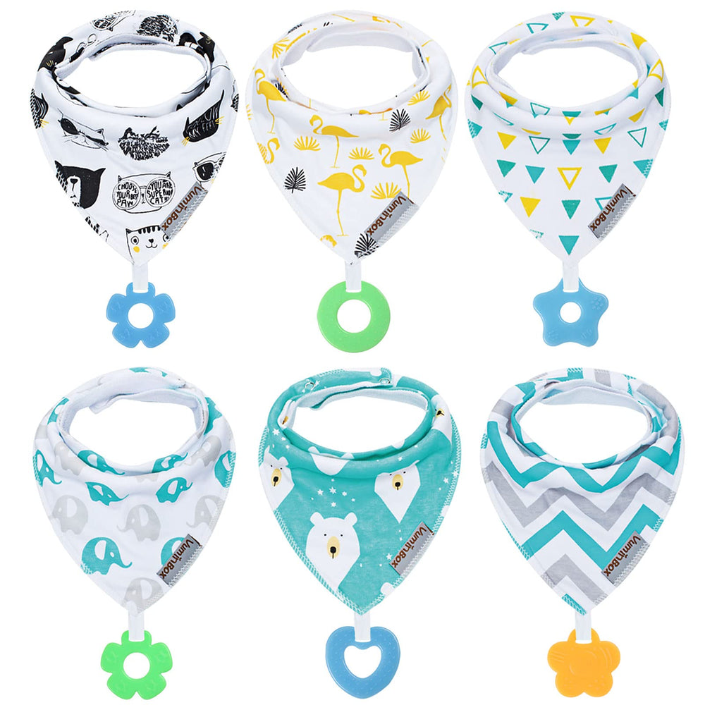 Vuminbox baby bandana bib front view with teether for drool absorption