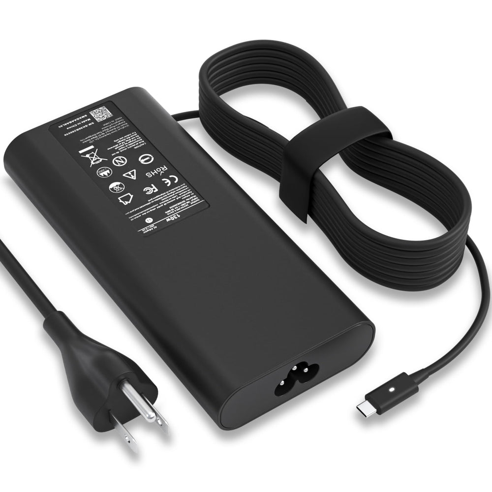 VVOX347 Dell 130W USB-C charger front view, compact and travel-ready.