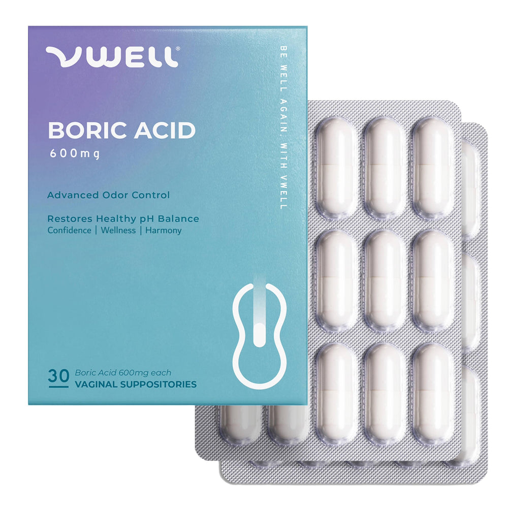 VWELL boric acid vaginal suppositories packaging box for discreet home use.