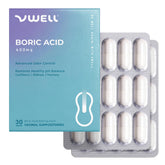 VWELL boric acid vaginal suppositories packaging box for discreet home use.