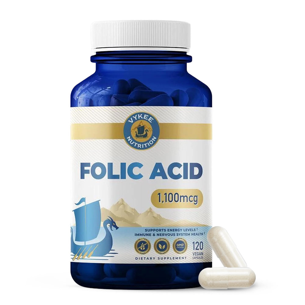 Vykee Nutrition Folic Acid bottle front view promotes daily wellness.