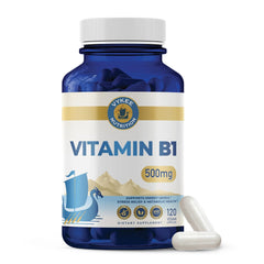 Vykee Nutrition Vitamin B1 capsules bottle highlighting 500 mg thiamine for energy support