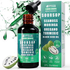 Vyxion Soursop Bitters bottle label shows vegan, non-GMO formula for daily wellness