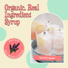 Wabry Lavender Syrup label detail with vegan and organic symbols.