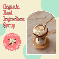 Organic vanilla syrup label highlighting non-GMO and vegan ingredients