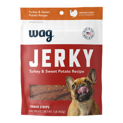 Wag jerky bag front highlighting USA-made ingredients and tender texture for easy chew