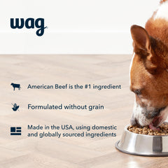 Close-up of Wag beef kibble highlights real beef as first ingredient for protein.