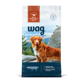 Wag Dry Dog Food bag front shows grain-free beef and sweet potato option for dogs.