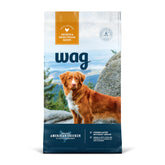 WAG Dry Dog Food packaging showing chicken and sweet potato for balanced meals.