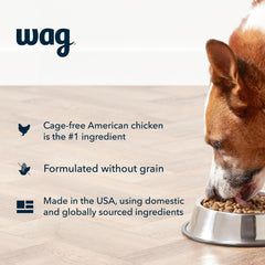 WAG Dry Dog Food pouring into a bowl demonstrates easy serving and appetizing aroma.