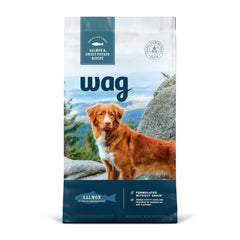 WAG Salmon & Sweet Potato dry dog food bag front shows grain-free formula.