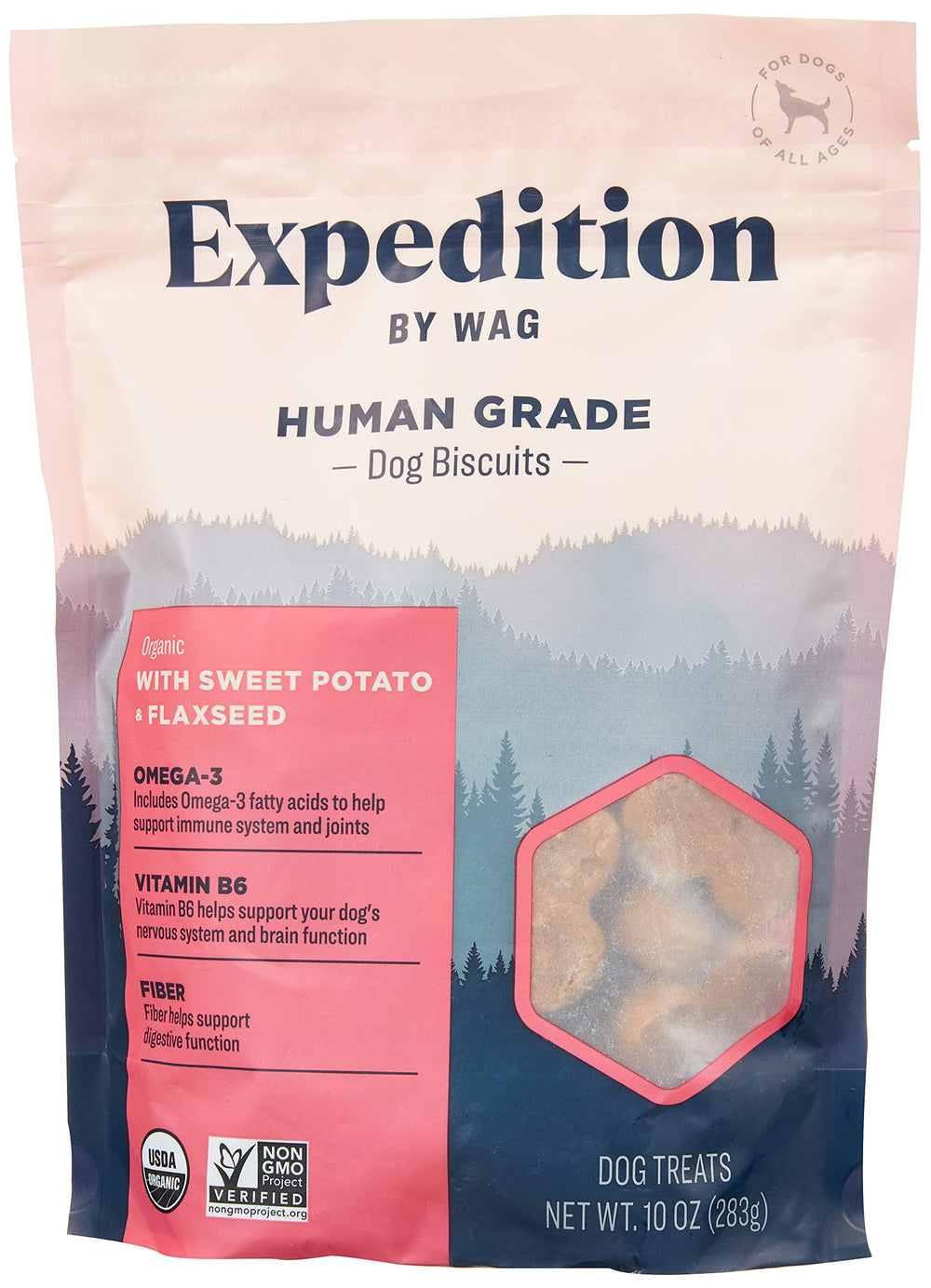 WAG Expedition Organic Biscuits front label highlighting non-GMO, human-grade quality.
