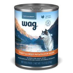 WAG Stew Turkey & Sweet Potato can with meat chunks in gravy for dogs