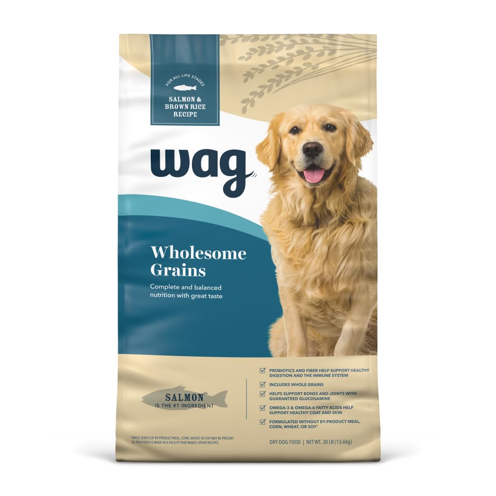 WAG Wholesome Grains salmon and brown rice dry dog food bag, real salmon first ingredient.