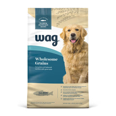 WAG Wholesome Grains salmon and brown rice dry dog food bag, real salmon first ingredient.