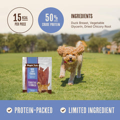 Waggin' Train duck jerky tenders prebiotic fiber close-up for digestive support.