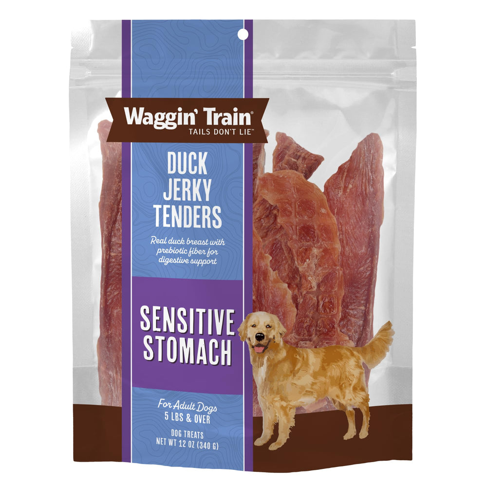 Waggin' Train duck jerky tenders close-up real duck breast high-protein snack.