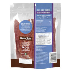 Waggin' Train duck jerky tenders three simple ingredients close-up.