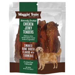 Waggin' Train smoked chicken jerky tenders bag shows appealing aroma and chew-ready texture.