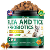 Wagmee cat flea tick chews pack shot with probiotic benefits.