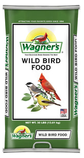 Wagner's Wild Bird Food 30lb bag, designed to attract a variety of backyard songbirds year-round.