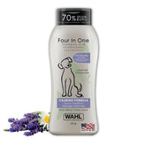 Wahl Calming Dog Shampoo bottle with lavender chamomile scent for gentle cleansing.