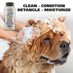 Wahl Calming Dog Shampoo label close-up highlighting ingredients.
