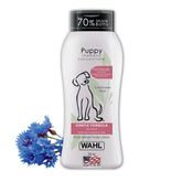 Wahl Gentle Puppy Shampoo bottle with cornflower scent for gentle coat cleansing.