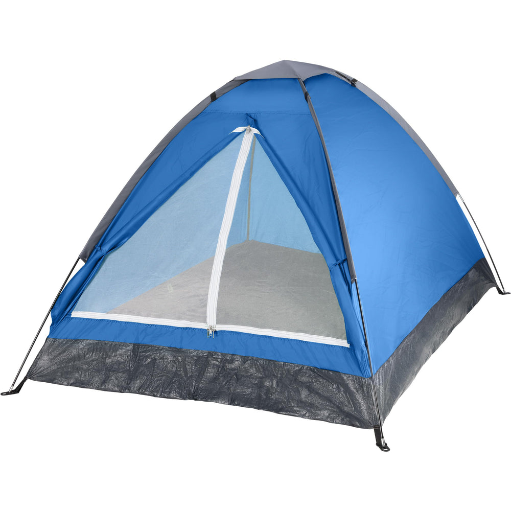Wakeman Outdoors 2-person tent with rain fly in blue and gray for quick shelter.