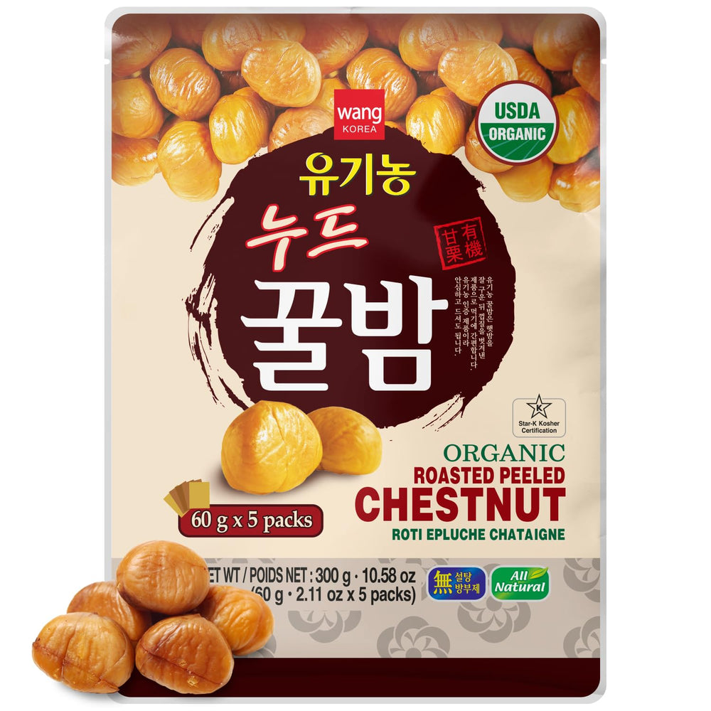 Wang organic roasted chestnuts with soft texture, ready to eat straight from the pouch