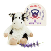 Warmies black and white cow plush heated for cozy warmth and comfort.