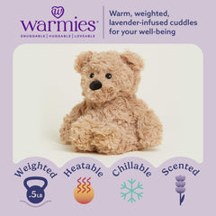 Warmies Junior Brown Curly Bear weighted plush ideal for calming snuggles and bedtime routines.
