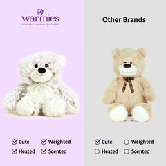 Warmies Marshmallow Bear ready for bedtime snuggle, showcasing warm, kid-friendly comfort.