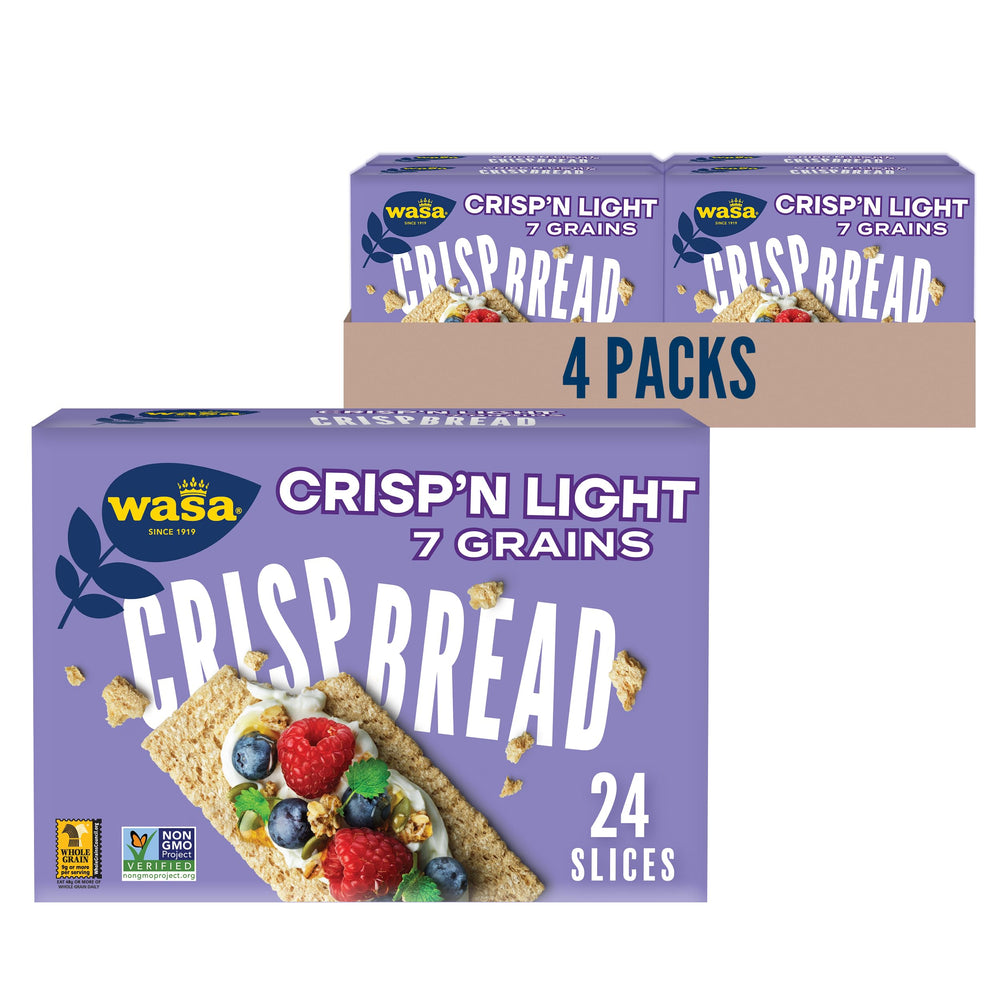 Wasa Crisp'n Light 7 Grains Crispbread pack on shelf, ideal for quick lower-calorie snacking.