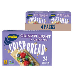 Wasa Crisp'n Light 7 Grains Crispbread pack on shelf, ideal for quick lower-calorie snacking.