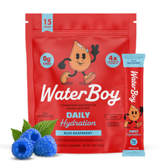 Waterboy Daily Hydration blue raspberry stick shows a convenient electrolyte packet for daily use