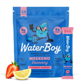 Waterboy Weekend Recovery powder being poured into a glass for quick hydration.