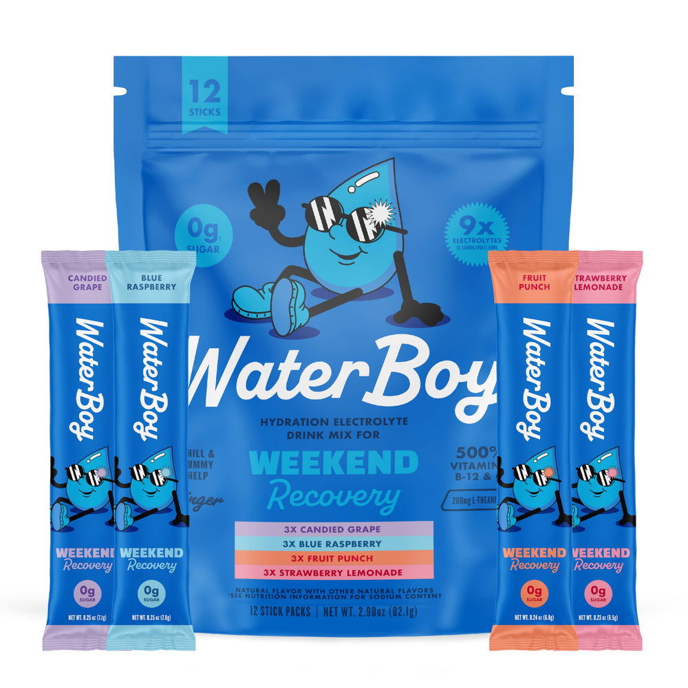 Waterboy Weekend Recovery sample pack box for on-the-go hydration.