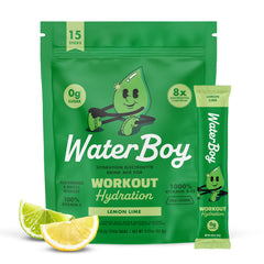 Waterboy Lemon Lime stick packet for quick hydration during workouts.