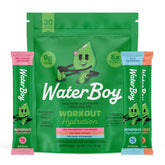 Waterboy Workout Hydration packet closeup showing electrolyte blend for steady energy during training