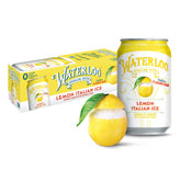 Waterloo Lemon Italian Ice can front view highlights bright citrus flavor and zero calories.