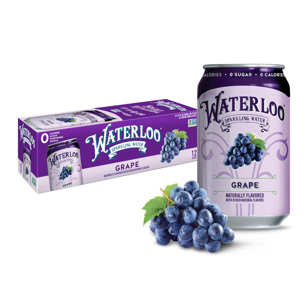 Waterloo Sparkling Water grape can close-up with zero calories highlighted