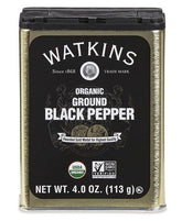 Watkins Gourmet Organic Ground Black Pepper in a golden tin ready for pantry use.
