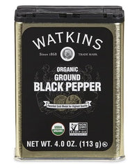 Watkins Gourmet Organic Ground Black Pepper in a golden tin ready for pantry use.