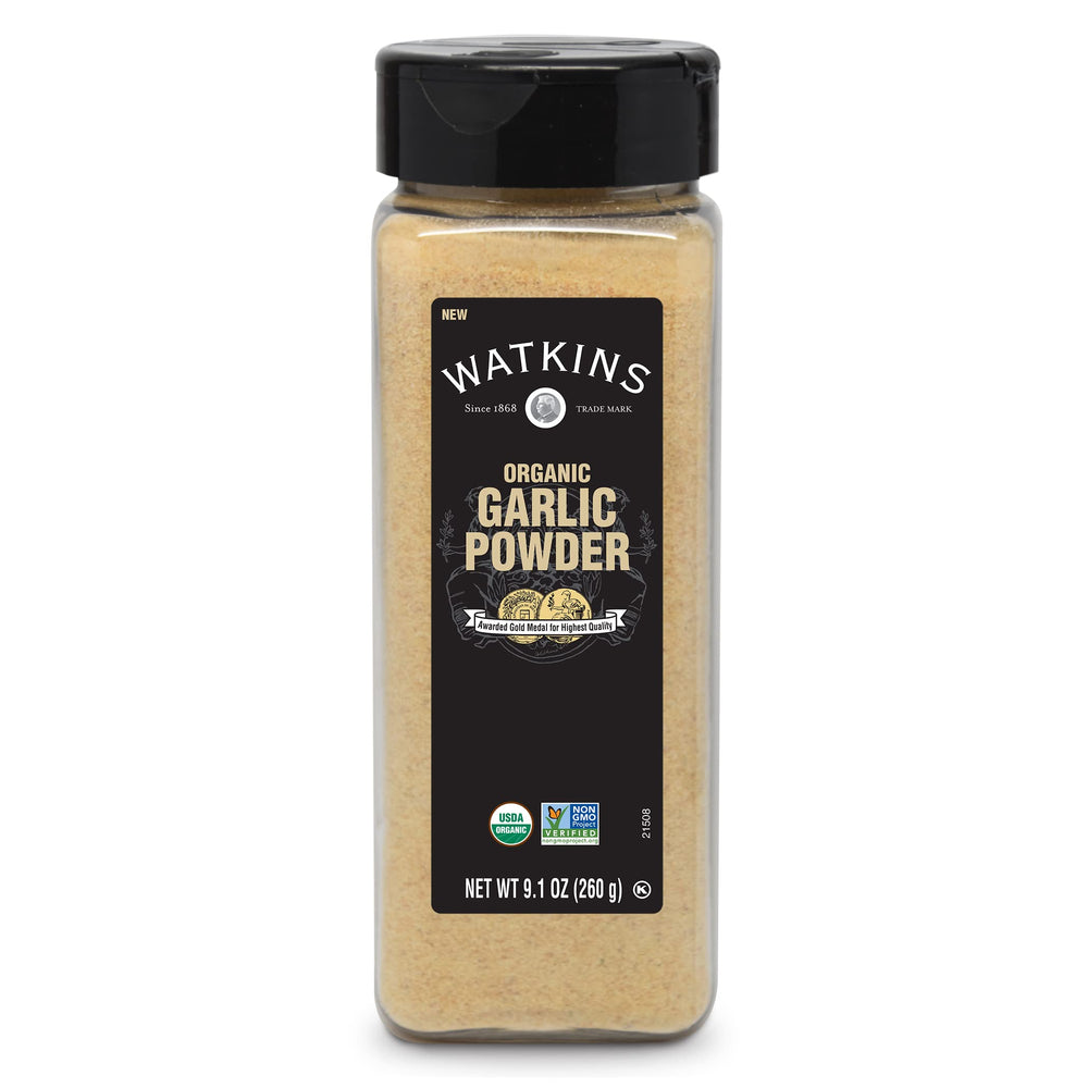 Watkins Organic Garlic Powder bottle with premium aroma, great for quick weeknight meals.