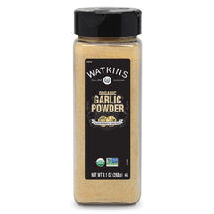 Watkins Organic Garlic Powder bottle with premium aroma, great for quick weeknight meals.