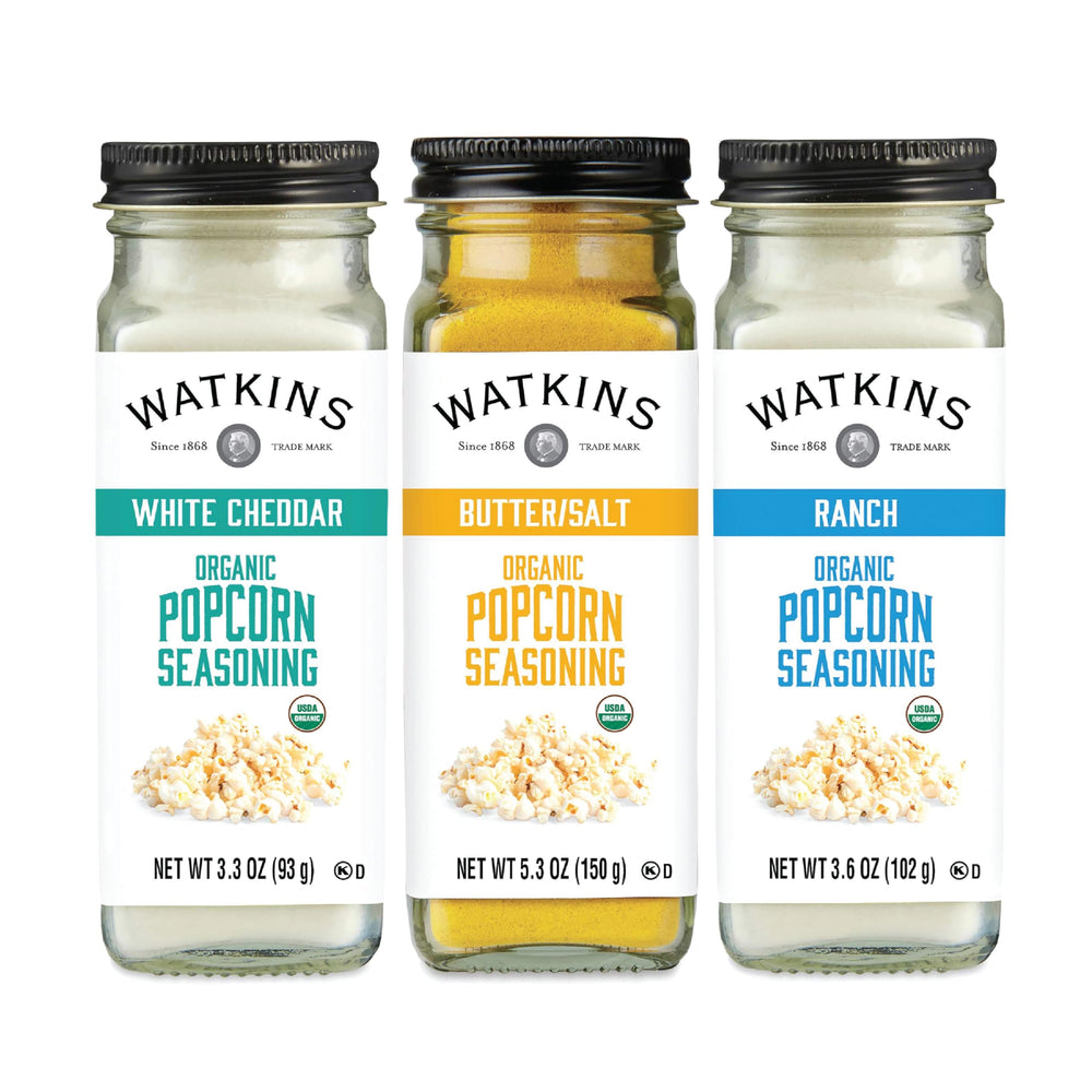 Watkins White Cheddar popcorn seasoning bottle adds bold flavor to popcorn.