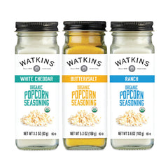 Watkins White Cheddar popcorn seasoning bottle adds bold flavor to popcorn.