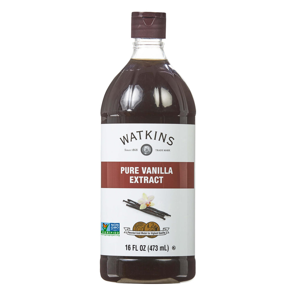 Watkins Pure Vanilla Extract bottle pour enhances cookies and cakes with rich Madagascar vanilla.