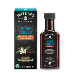Watkins Vanilla alcohol-free flavoring bottle adds rich aroma for dairy-free desserts.